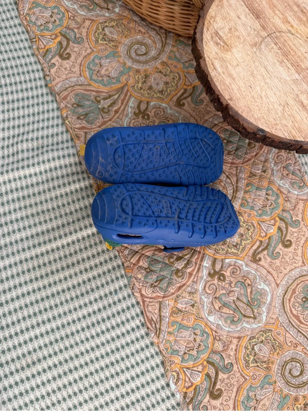CROCS Kids Blue & Green Athletic Water Shoes with Yellow Pull Tabs Size 12
